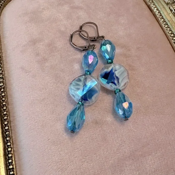 Handmade Antique Copper Teal Blue Green Glass Long Boho Earrings Leverback - Picture 4 of 10